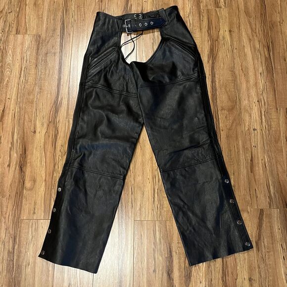 FMC Black Leather Motorcycle Chaps Men's Size M 30" to 36" Waist x 32 Length - Picture 1 of 10